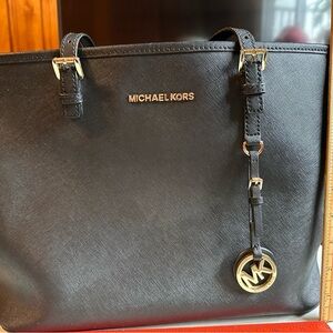 Michael Kors Black Leather Tote with Gold Accents
